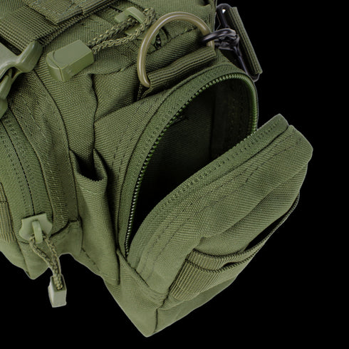 Close-up of the Condor Deployment Bag 6.5L in Scorpion OCP, featuring a partially opened front zipper pocket, visible fabric texture, and multiple compartments—perfect for bushcraft or law enforcement use.